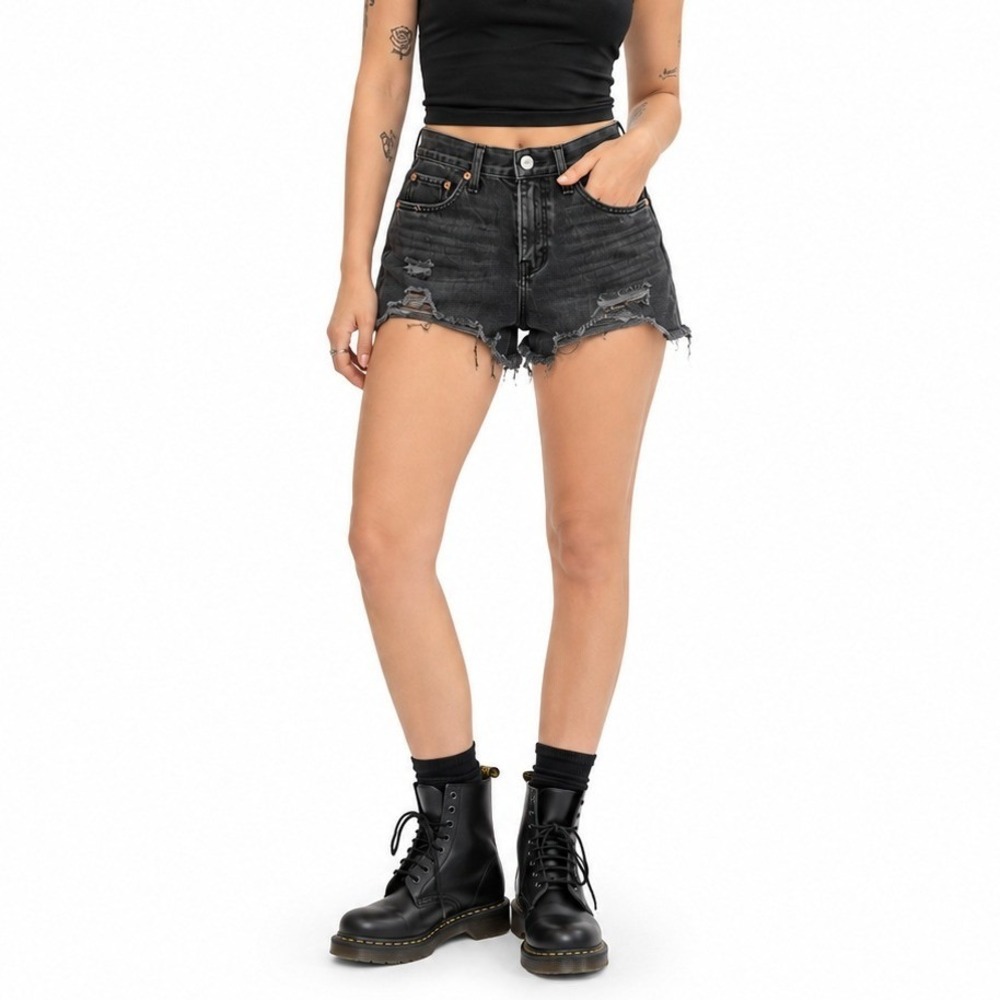 American Eagle High Waisted Distressed Denim Shorts Black Grunge Festival Size 2